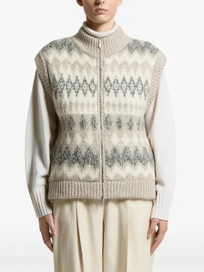 Peserico Jacquard Knitted Gilet In Alpaca Blend With Sequins In Neutral