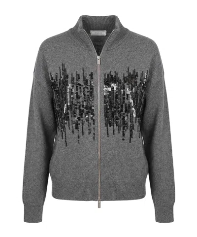 Peserico Knitted Cardigan With Sequins And Two-way Zip In Gray