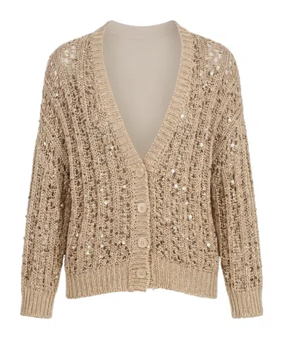 Peserico Sequinned Cotton Ribbon Cardigan In Brown