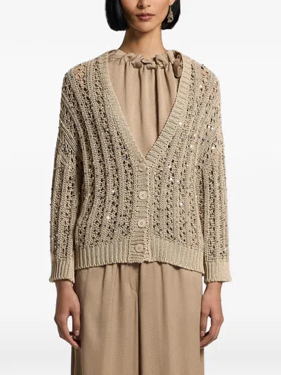 Peserico Sequinned Cotton Ribbon Cardigan In Neutral