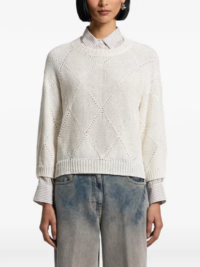 Peserico Sequinned Diamond-knit Crew-neck Sweater In White