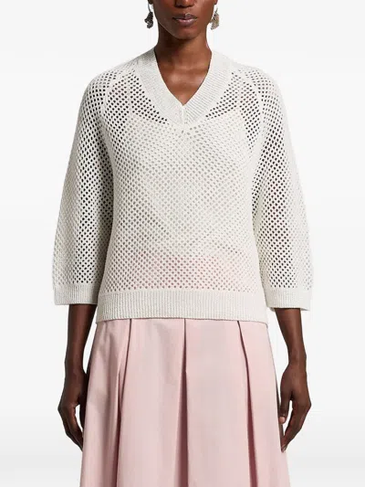 Peserico Sequinnedv-neck Open Sweater In White