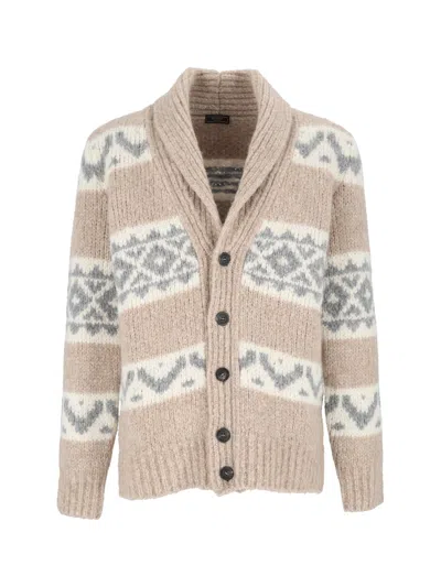 Peserico Shawl Collar Knit Sweater With Geometric Patterns In Brown