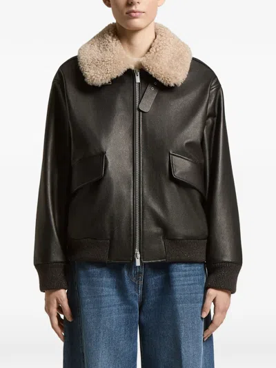 Peserico Shearling-collar Leather Bomber Jacket In Black
