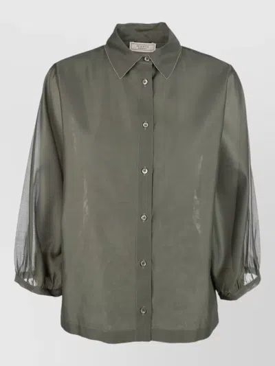 Peserico Shirt Puff Sleeves Sheer Fabric Collared Neck In Green