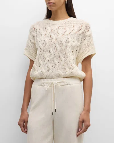 Peserico Short-sleeve Cable-knit Crewneck Sweater In Venetian Stucco