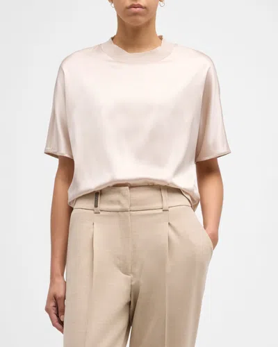Peserico Short-sleeve Crewneck Silk Shirt In Pearl Beige