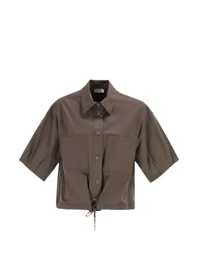 Peserico Cropped Stretch Cotton Shirt With Drawstring In Brown