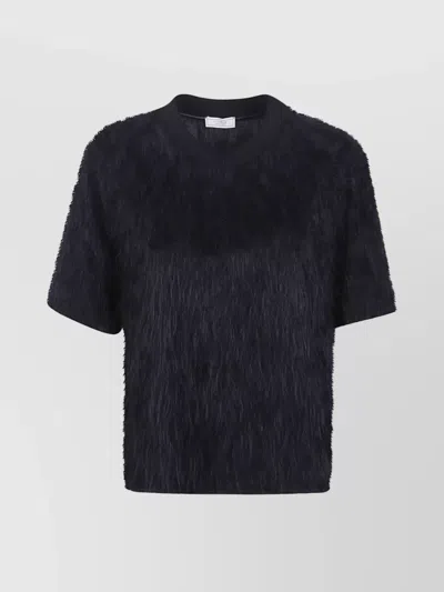 Peserico Short Sleeve Faux Fur Crew Neck Top In Black