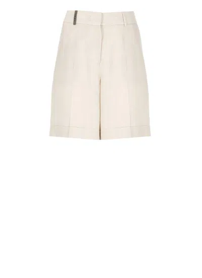 Peserico Linen Blend High Waist Shorts With Leather Detail In Neutral