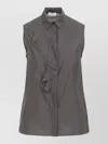 Peserico Silk Cotton Top Collared Neck Ruffle Sleeveless In Gray