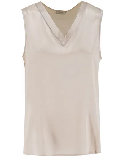 Peserico Silk Top With Jewel Detailing In Brown