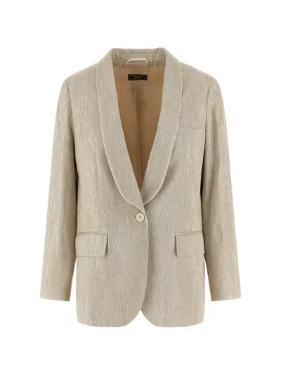 Peserico Blazer Metallic Thread Notched Lapel Buttons In Neutral