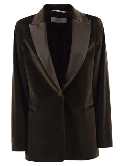 Peserico Single-breasted Stretch Velvet Blazer With Satin Lapels In Brown