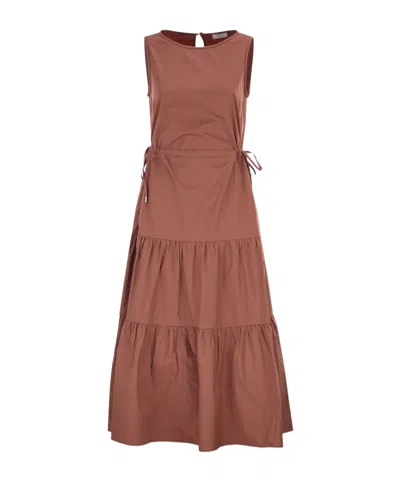 Peserico Sleeveless Midi Dress In Stretch Cotton In Brown
