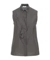 Peserico Silk Cotton Top Collared Neck Ruffle Sleeveless In Gray
