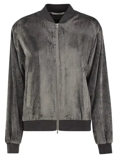 Peserico Stretch Corded Velvet Bomber Jacket With Silk Details In Gray