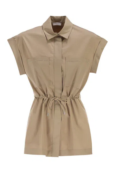 Peserico Stretch Cotton Blouse With Drawstring Waist In Brown