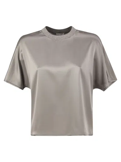Peserico Stretch Silk Blouse With Lurex Knit Neckline In Gray
