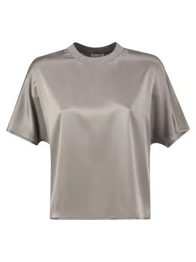 Peserico Stretch Silk Blouse With Lurex Knit Neckline In Gray