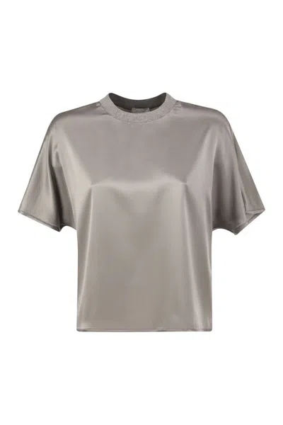Peserico Stretch Silk Blouse With Lurex Knit Neckline In Gray