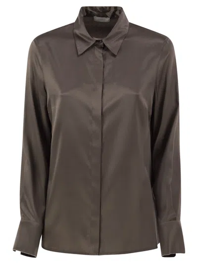 Peserico Stretch Silk Shirt With Concealed Button Fastening In Brown