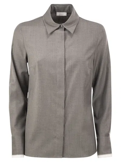 Peserico Stretch Virgin Wool And Viscose Shirt With Shimmering Cuff Detail In Gray
