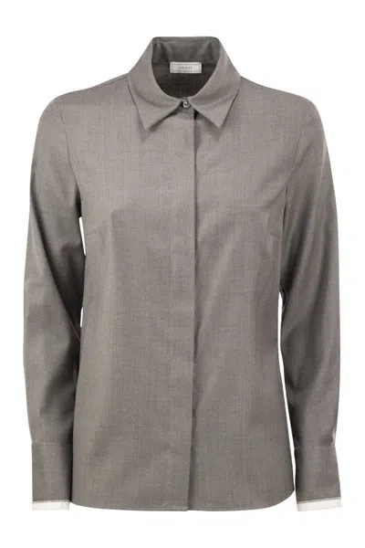 Peserico Stretch Virgin Wool And Viscose Shirt With Shimmering Cuff Detail In Gray