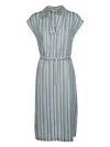 Peserico Waist Belted Cap Sleeves Striped Dress In Gray