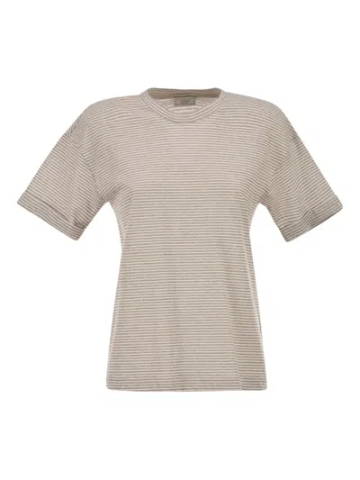 Peserico Striped Linen And Cotton T Shirt With Luminous Yarns In Neutral