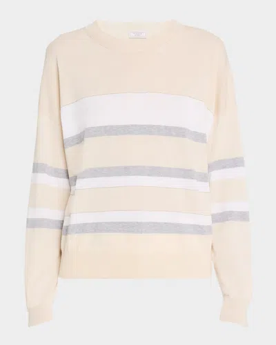 Peserico Striped Crewneck Cotton Sweater In Quartz Sand