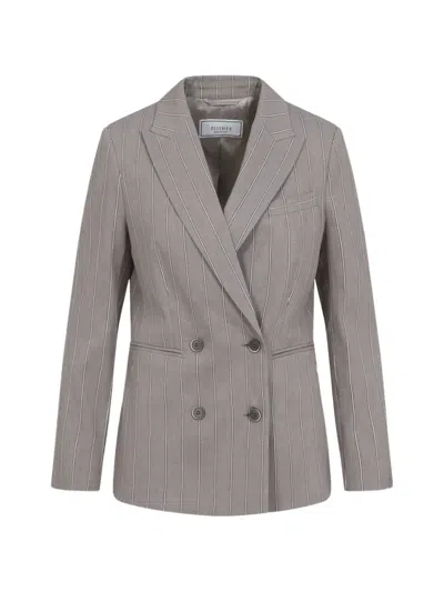 Peserico Striped Jacket Notch Lapel Buttoned Cuffs Pockets In Gray