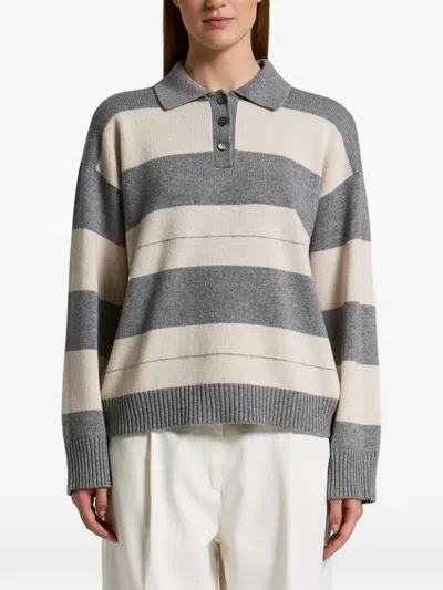 Peserico Striped Polo-collar Sweater In Gray