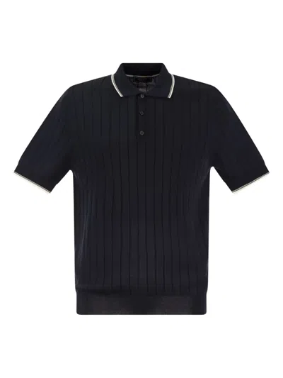 Peserico Polo Shirt In Pure Cotton Crepe Yarn With Flat Rib In Black