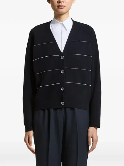 Peserico Striped V-neck Cardigan In Black