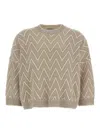 Peserico Zigzag Cropped Crew Neck Sweater With Dropped Shoulders In Brown