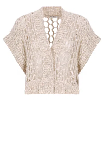 Peserico Sleeveless Open Knit Sweater Featuring Sequins In Neutral