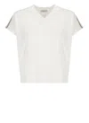 Peserico V-neck Linen Blend Sweater With Striped Shoulder Detail In White