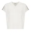 Peserico V-neck Linen Blend Sweater With Striped Shoulder Detail In White