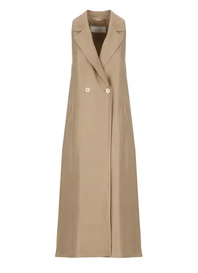 Peserico Linen And Viscose Midi Dress With Lapel Collar In Brown