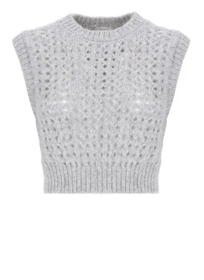 Peserico Cropped Sleeveless Vest Open Knit Design In Gray