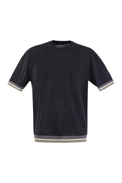 Peserico T-shirt In Linen And Cotton Yarn In Blue