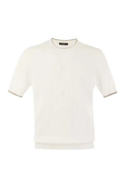 Peserico T-shirt In Pure Cotton Crépe Yarn In White/beige