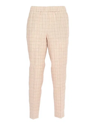 Peserico Tapered Linen Trousers With Subtle Check Pattern In Neutral
