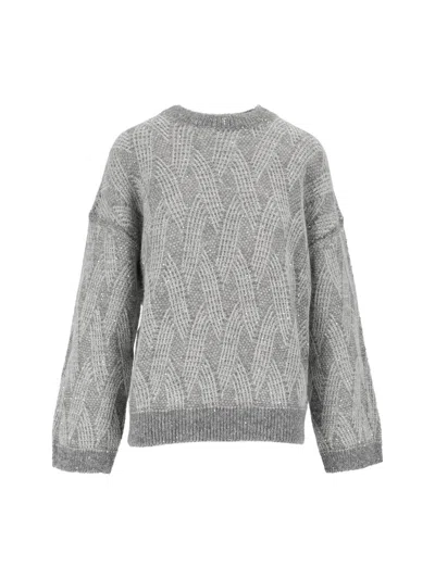 Peserico Textured Cable Knit Dropped Shoulders Sweater In Gray