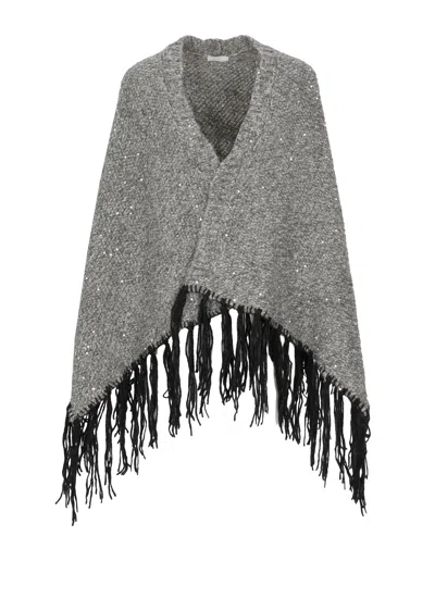 Peserico Textured Grey Cape With Lurex Motif And Fringed Hem In Gray