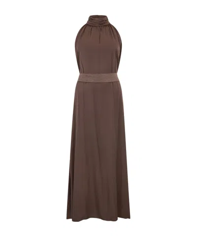 Peserico Tied-waist High-neck Dress In Brown