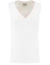 Peserico Sleeveless Cotton Top With Striking V-neckline In Bianco/seta