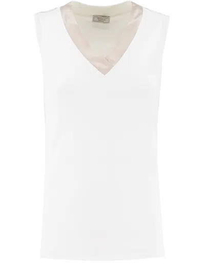 Peserico Sleeveless Cotton Top With Striking V-neckline In Bianco/seta