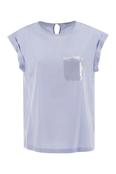 Peserico Top In Precious Silk Crepe De Chine With Watery Embroidery In Blue